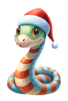 Cute snake wearing a Santa Claus hat transparent background, cartoon style png