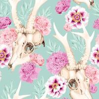 seamless pattern with deer skulls and pastel peonies vector
