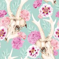 seamless pattern with deer skulls and pastel peonies vector