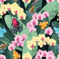 seamless pattern with pink and yellow orchids and tropical frogs vector