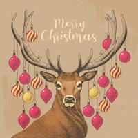 Christmas card with hand drawn deer and Christmas decorations vector