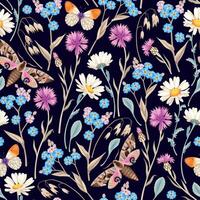 Seamless pattern with meadow flowers and butterflies on dark background vector