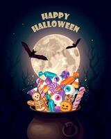 halloween card with sweets in cauldron and full moon vector