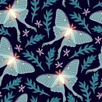 Moon moth with flowers and leaves seamless pattern vector