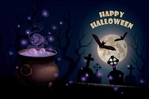 Halloween card with moon and cauldron with magic potion vector