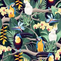 Seamless pattern with exotic flowers, macaw, toucan and cockatoo vector