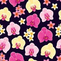 seamless pattern with pink and yellow orchids and plumeria flowers vector