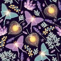 Moon moth and flowers seamless pattern on dark background vector