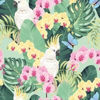 seamless pattern with pink and yellow orchids and tropical foliage vector