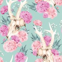 seamless pattern with deer skulls and pastel peonies vector