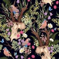 seamless pattern with deer skulls and forest flowers vector