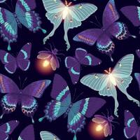 Moon moth, butterflies and fireflies seamless pattern vector