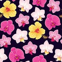 Pink and yellow orchids seamless pattern on black background vector