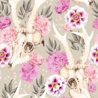 seamless pattern with deer skulls and pastel peonies vector