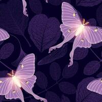 Moon moth with skeleton leaves seamless pattern vector