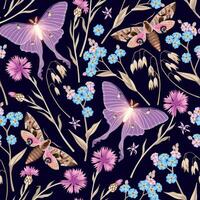 Seamless pattern with meadow flowers and butterflies on dark background vector