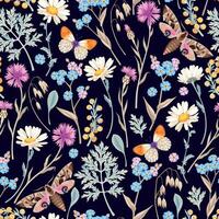 Seamless pattern with meadow flowers and butterflies on dark background vector