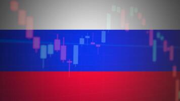Russia flag and stock chart. Stock market drops, financial crisis in Russia. Stock market exchange loss trading graph analysis investment business graph charts financial video