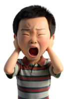 ilustración estilo 3d hacer de asiático pequeño chico sufre desde ruido aislado en transparente antecedentes png