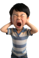 Illustration style 3d render of asian little boy suffers from noise isolated on transparent background png