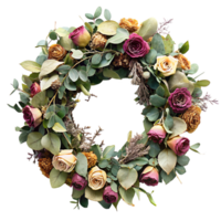 A wreath of dried rose and eucalyptus leaves, creating a fragrant and soothing aroma isolated on transparent background png