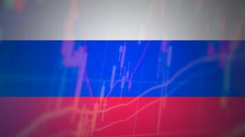 Russia flag and stock chart. Stock market drops, financial crisis in Russia. Stock market exchange loss trading graph analysis investment business graph charts financial video