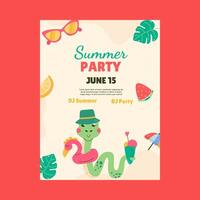 Flat cartoon snake character summer party invitation template vector