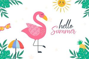 Hello summer background with flamingo character vector