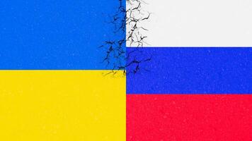 Ukraine VS Russia national flags icon isolated on broken weathered cracked concrete wall background. Ukraine War Poster video