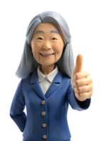 3d asia old woman in office worker uniform, long hair with smile, She is Thumbs Up, isolated on transparent background png