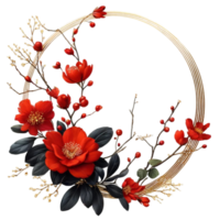 círculo ouro quadro, Armação vermelho floral vegetação folhas png