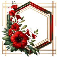 Hexagon Gold Frame Red Floral greenery leaves png