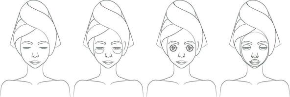 set of outline women with towel on the head vector