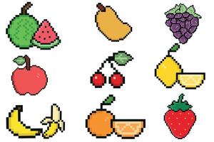 píxel frutas colocar. antiguo estilo 8 poco iconos manzana, banana, cereza, limón, mango, y otro aislado en blanco antecedentes. sano alimento. Fresco y sabroso exótico frutas colección vector