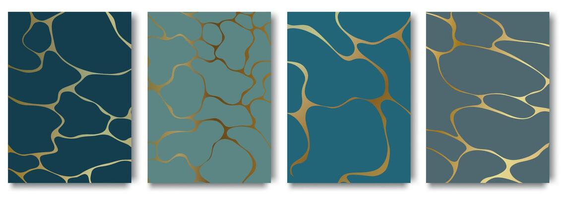 Japanese art of repairing broken pottery set of gold kintsugi poster design. crack pattern for home prints, posters, wallpapers. Golden material of kintsugi restoration technique