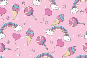 Sweets seamless pattern on a pink glamour background. Fashion illustration drawing in modern style for clothes. Drawing for kids clothes, t-shirts, fabrics or packaging. Ice cream, sweets, candy vector