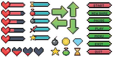 Pixel game menu resources, level, live bars and buttons. Game interface, pixelated life bar and menu button, game controller arrows, pixel art gaming magic items, button 8 bit pixel vector