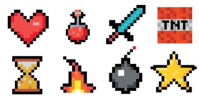 8-bit pixel game graphics set. Potion bottles, fire flame, sword, torch, emerald and heart. Objects for a pixel game. The concept of games background. Minecraft concept. illustration vector