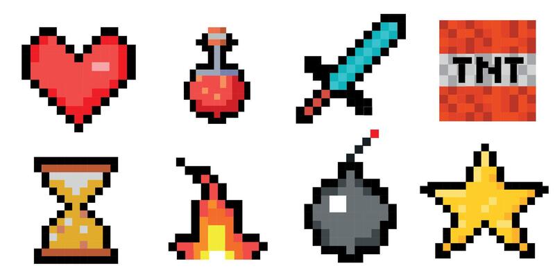 8-bit pixel game graphics set. Potion bottles, fire flame, sword, torch, emerald and heart. Objects for a pixel game. The concept of games background. Minecraft concept. illustration