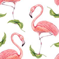 Flamingo bird with green lemon tree leaves tropical seamless pattern. Hand drawn watercolor on transparent background. Exotic natural botanical illustration for surface designs, cards, wallpapers png