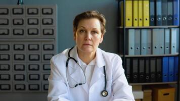 senior vrouw dokter vervelend wit medisch jas en stethoscoop op zoek Bij camera. vrouw arts poseren in ziekenhuis kantoor video