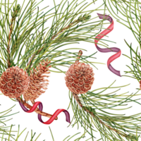 pinho cones em pinho árvore galhos decorado com fitas. desatado padronizar aguarela ilustração. Natal Repetivel fundo para têxtil, tecido, papel de parede, invólucro papel png