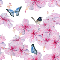 vattenfärg rosa hibiskus blommor med fjärilar och fåglar sömlös mönster. blommig sammansättning bakgrund. för te och sirap. kosmetika, skönhet, mode grafik, tapet, tyger, kort png