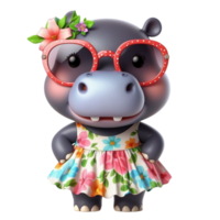 hippopotame dessin animé dans une robe et chapeau avec des lunettes de soleil png