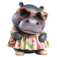 hippopotame dessin animé dans une robe et chapeau avec des lunettes de soleil png