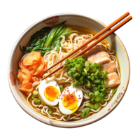 foto do japonês cozinha ramen Macarrão com ovos frango com variedade coberturas png