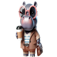 hippopotame en portant café et portant des lunettes png