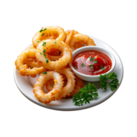 Squid rings snack with sauce served parsley on transparent background png