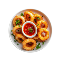 Squid rings snack with sauce served parsley on transparent background png