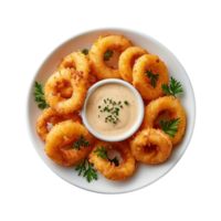 Squid rings snack with sauce served parsley on transparent background png